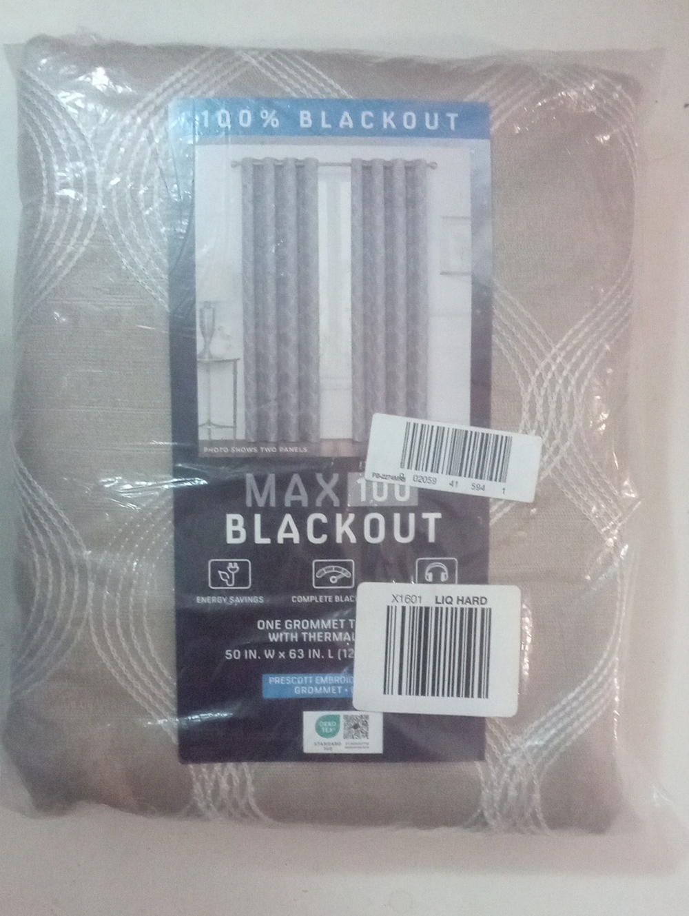 Max 100 Blackout Beige Grommet Curtain Panel  63" NWT $95 Embroidered